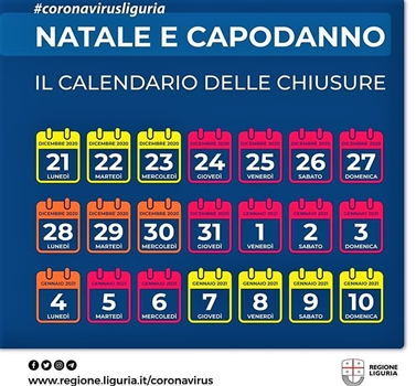 Liguria in rosso. Le regole di questo Decreto Natale 24, 25, 26, 27, 31dicembre e 1, 2, 3, 5, 6 gennaio