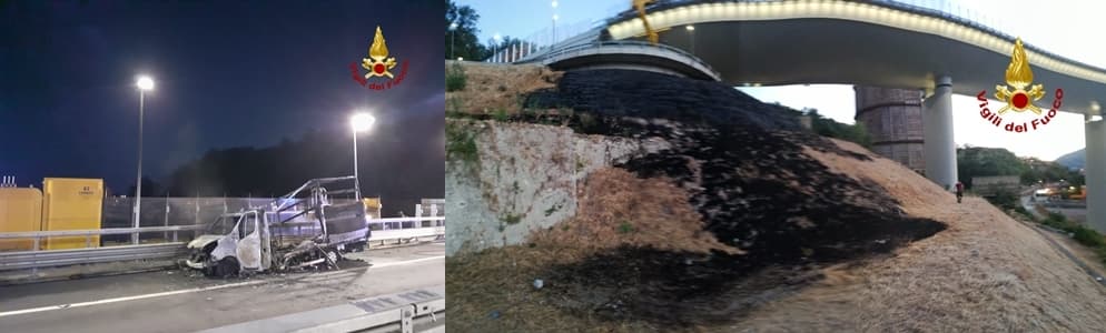 Brucia furgone sulla A10 al ponte San Giorgio (ex Morandi)