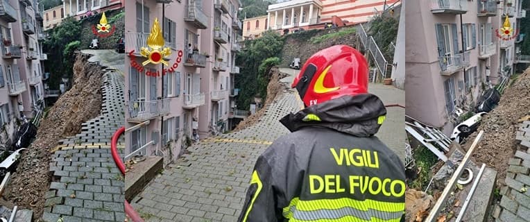 Crolla un muraglione su tre palazzi di via Acquarone a Genova