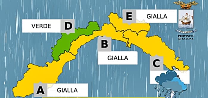 Liguria maltempo: oggi allerta gialla dalle 15 alle 24, esclusa zona D entroterra sassellese