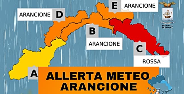 Peggiora il maltempo: dalle 22 allerta arancione sulle zone BCDE della Liguria