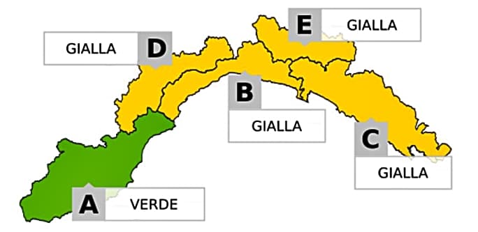 Liguria dalle 18 allerta gialla per temporali su BCDE fino alle 6 di domani